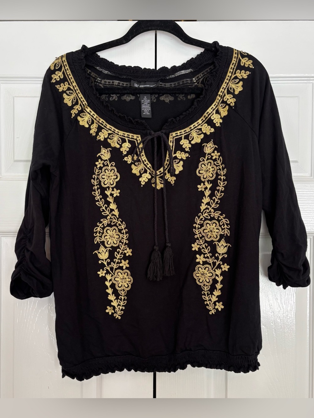 Black Floral Gold Embroidered Beaded Tassel Smocked Top size Petite Medium